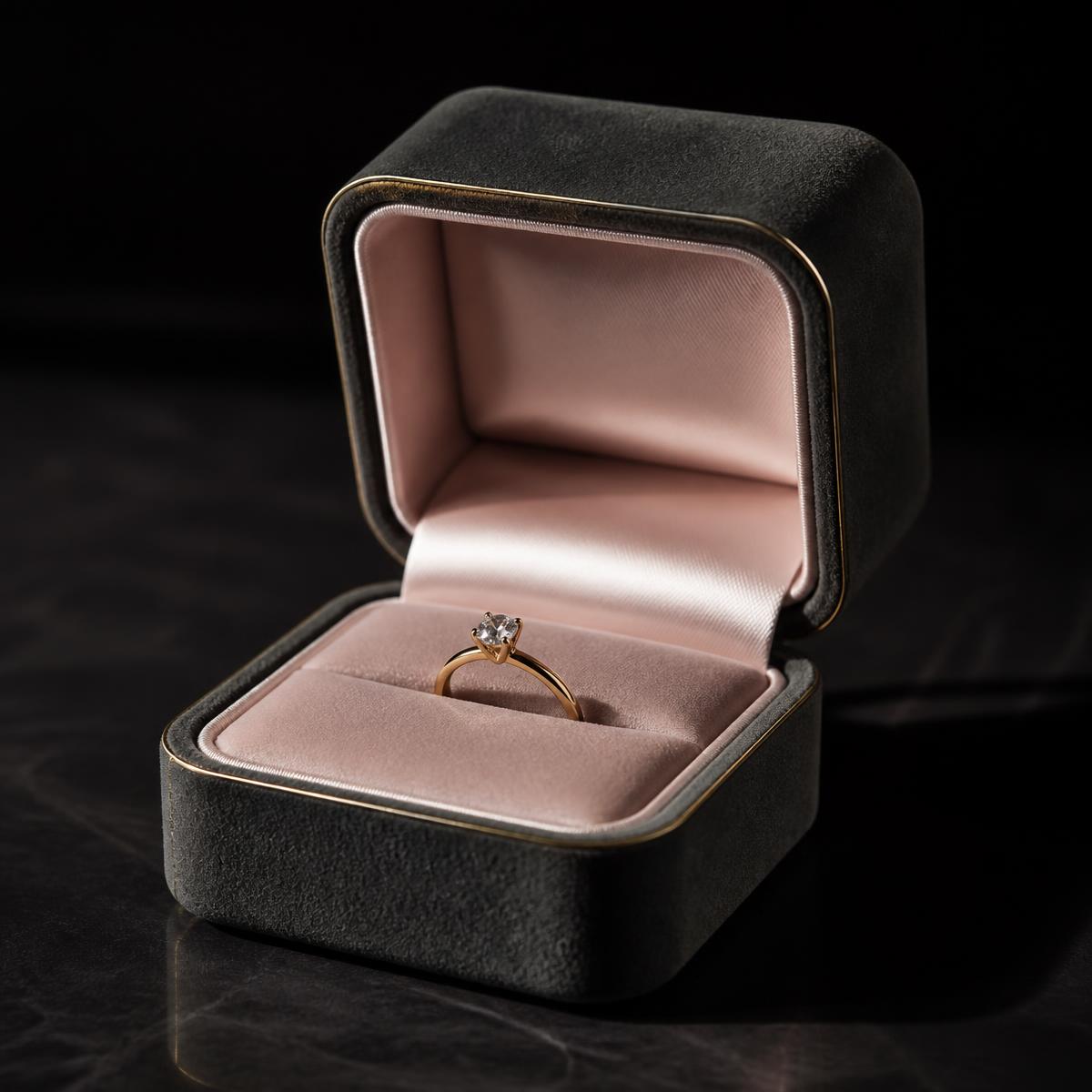 Charcoal ring box with champagne gold trim and blush silk interior holding a gold ring