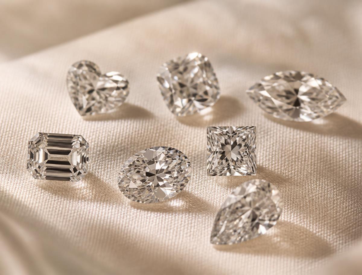 Loose diamonds in eight different cuts arranged on warm ivory linen