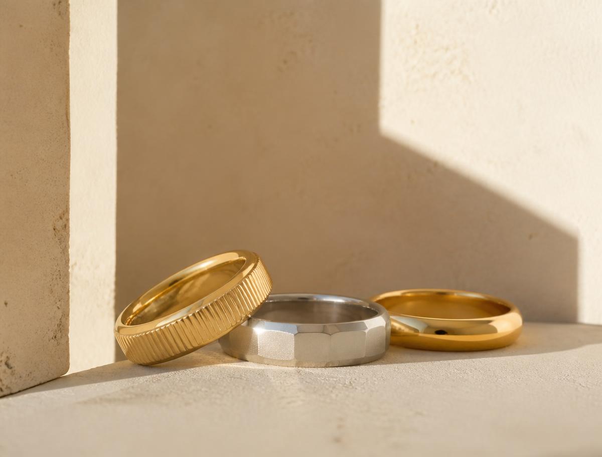 Three gold and platinum ring bands on a warm ivory stone ledge